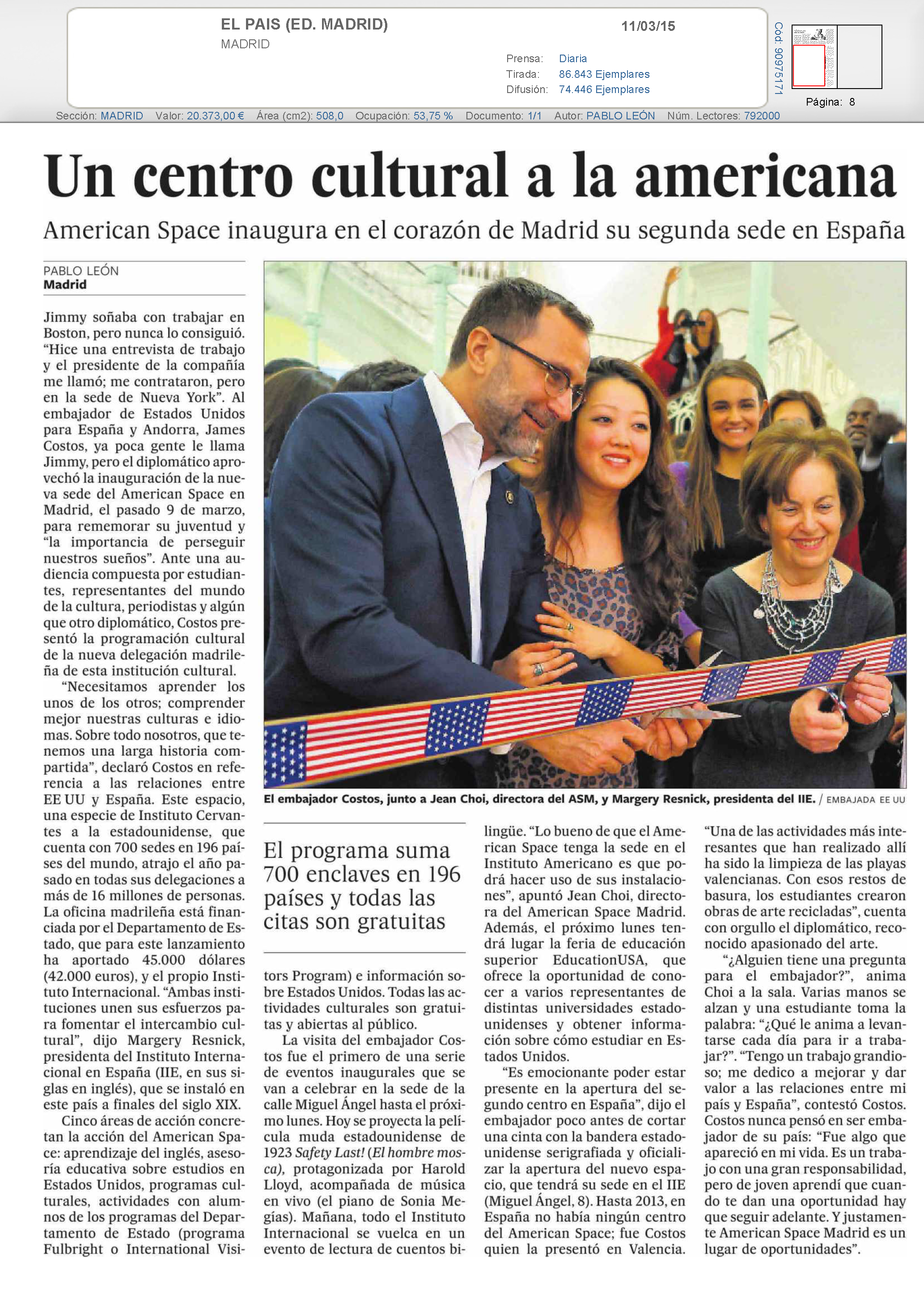 Margery Resnick Featured in "El Pais" for Opening American Space Program in Madrid