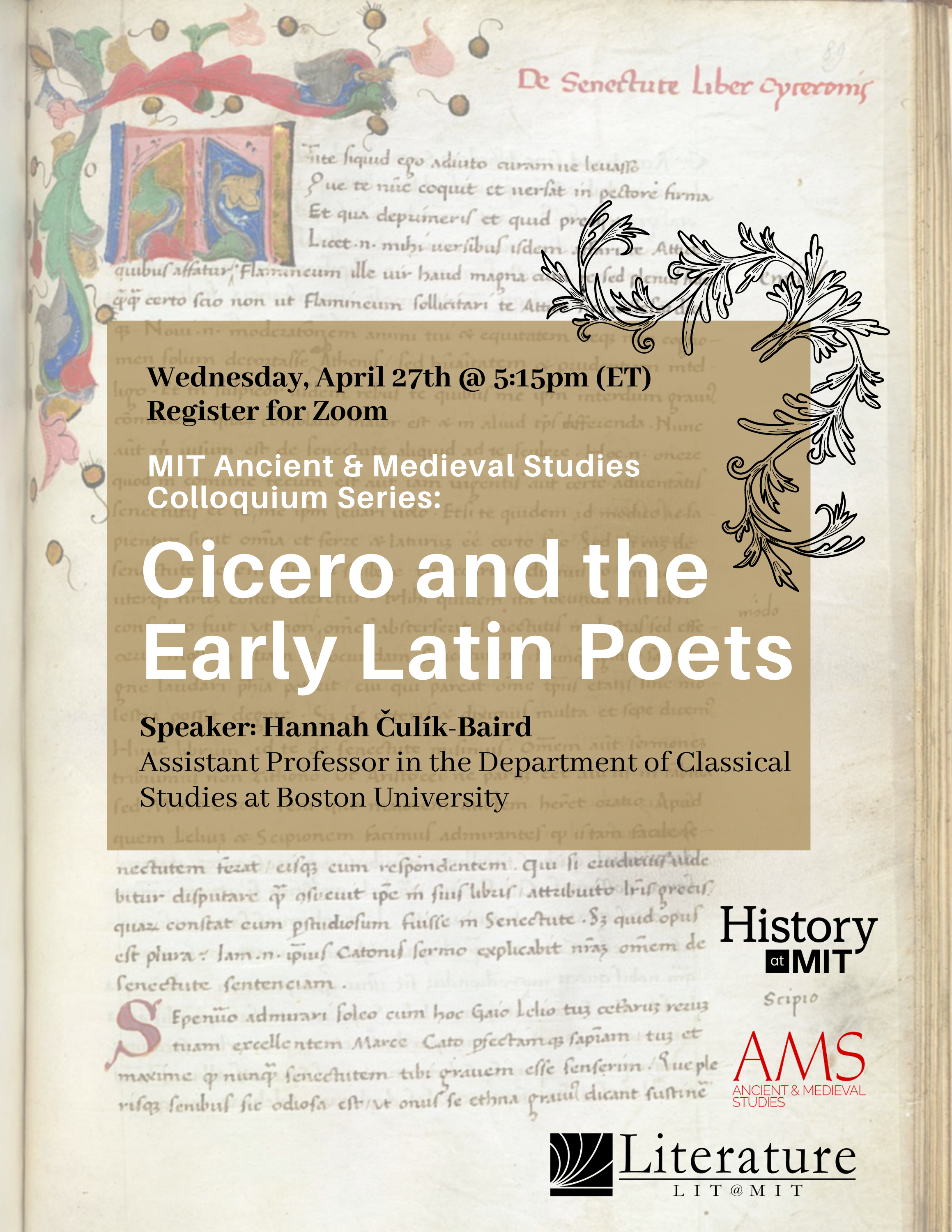 April 27th: AMS presents, Hannah Čulík-Baird "Cicero and the Early Latin Poets"