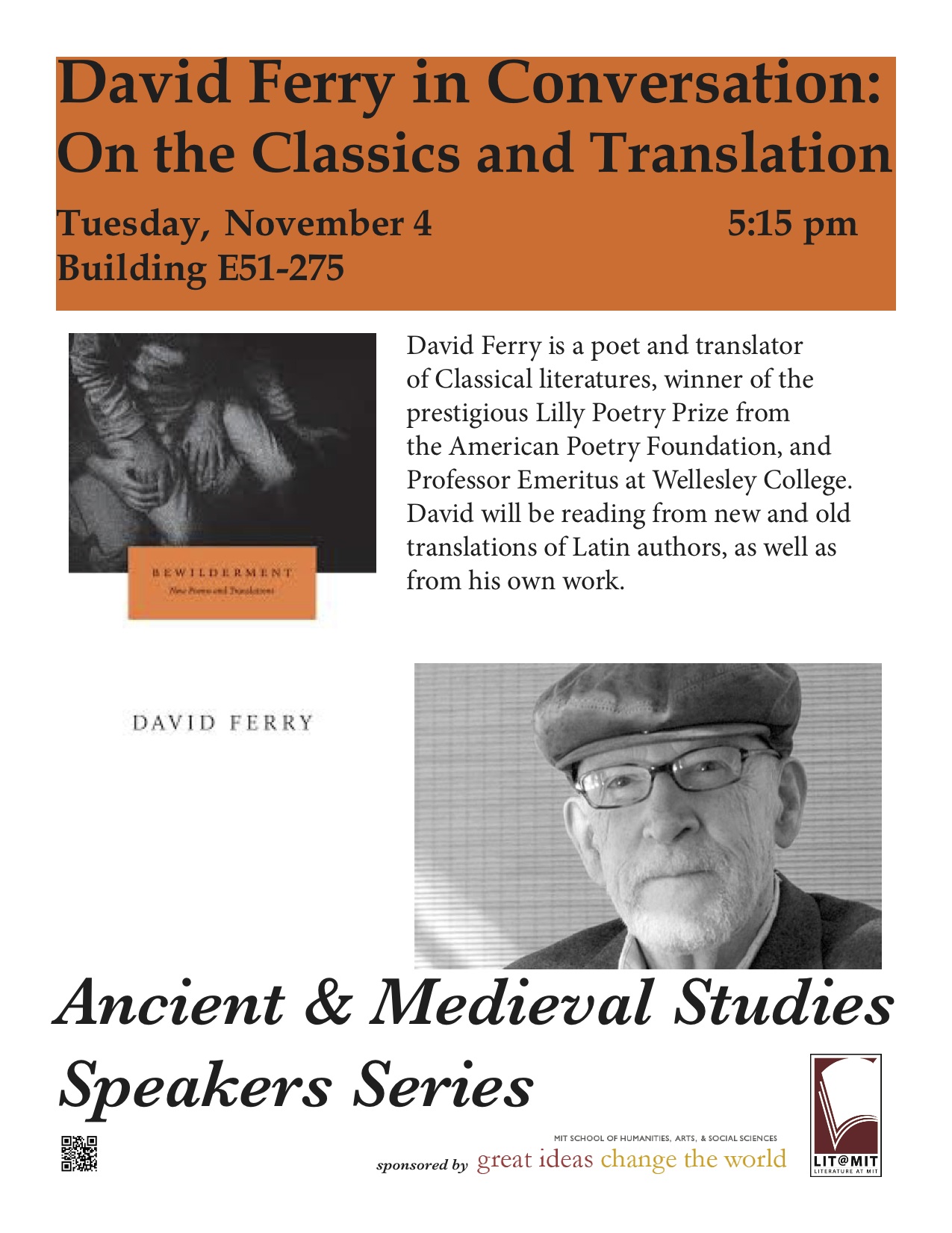 AMS Colloquium Series | “David Ferry in Conversation: On the Classics & Translation” | TONIGHT | 5:15pm | E51-275