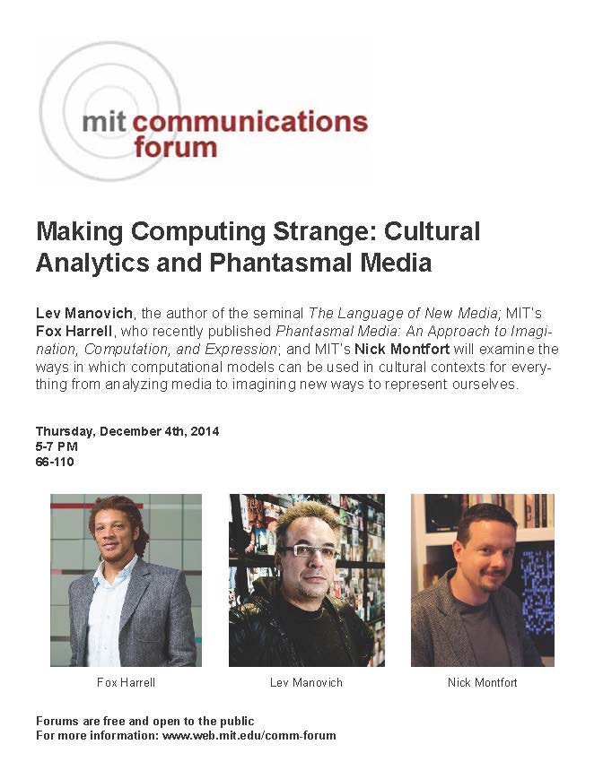 TONIGHT!|Communications Forum | "Making Computing Strange: Cultural Analytics and Phantasmal Media" | 5-7pm | 66-110