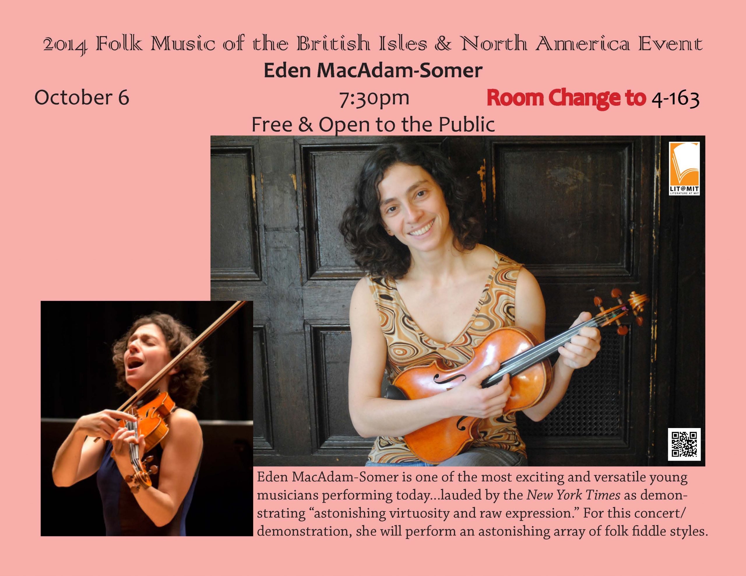 Tonight! Folk Music of the British Isles & North America |Eden MacAdam-Somer | Oct. 6 |7:30p |New Location 4-163