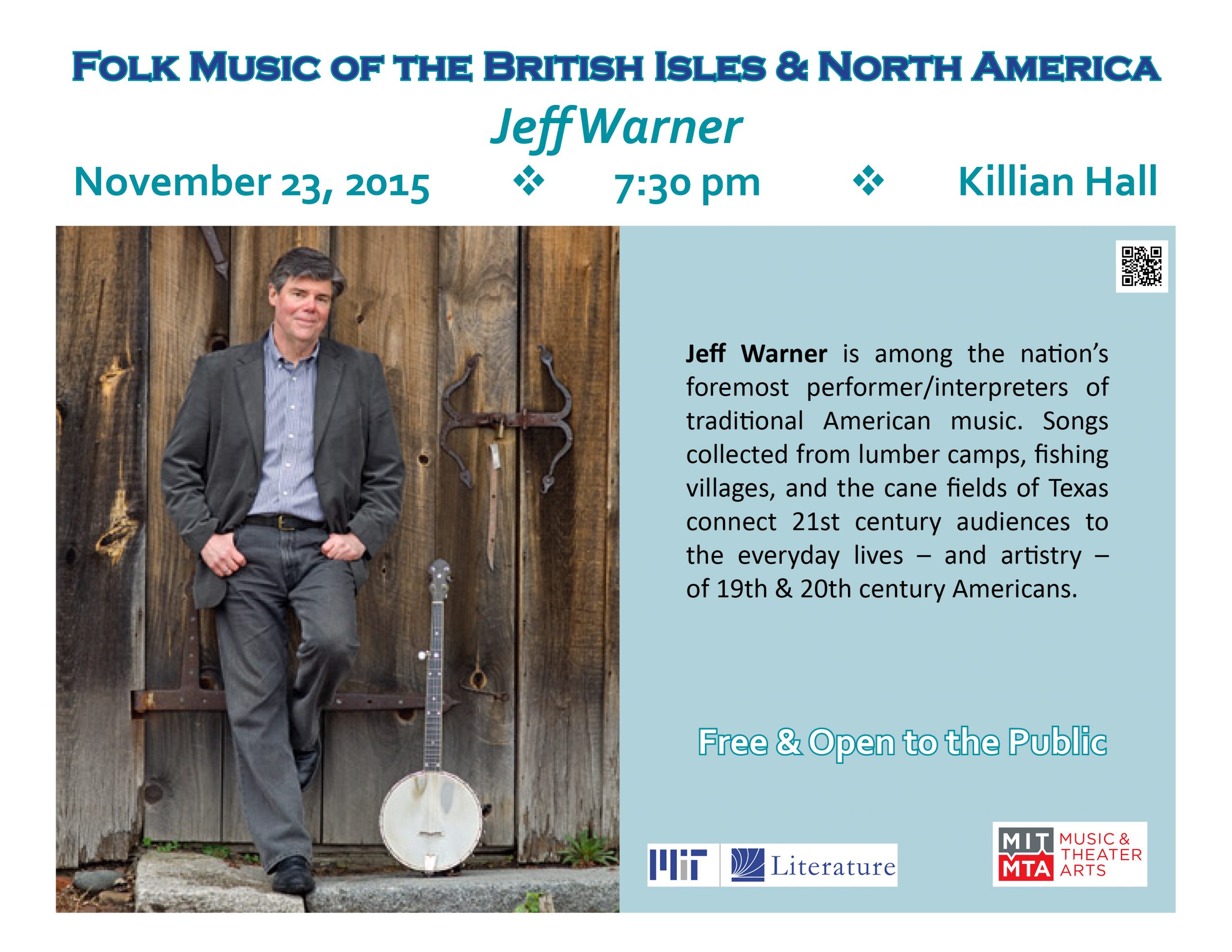 Folk Music of the British Isles & N. America presents Jeff Warner, Nov 23 at 7:30 in Killian Hall